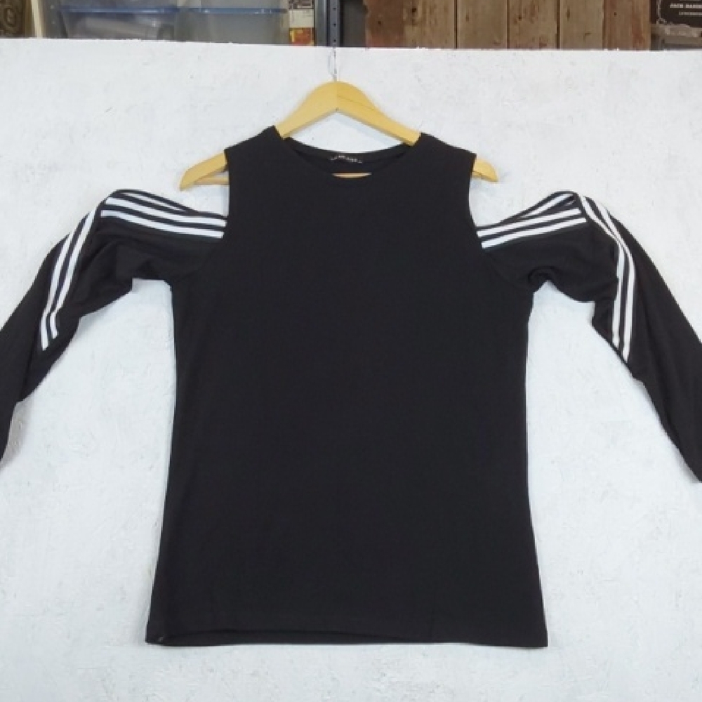 Womens Black Cut Out Shoulder Top With White Stripes Mod Biker Sz.XL